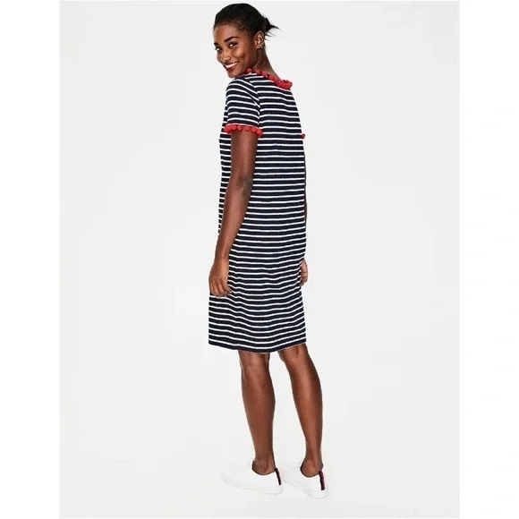 BODEN Bridget Jersey Knit Dress Navy White Stripe Red Pom Poms Shift Size 6 - Picture 10 of 16